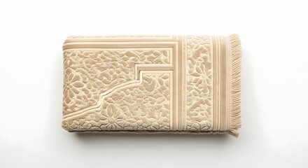 Fototapeta premium Folded beige Islamic prayer mat with intricate patterns on white background, top view