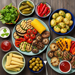 Vibrant Grilled Vegetables and Side Dishes on Rustic Wooden Table, Top View