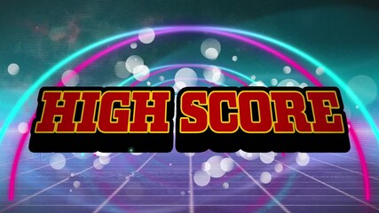 Animation of high score text banner and purple light trails over neon shapes in seamless pattern - Powered by Adobe
