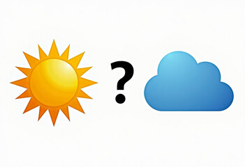 Two weather icons are next to each other: a bright sun and a cloud with a question mark between them. The concept of forecasting.