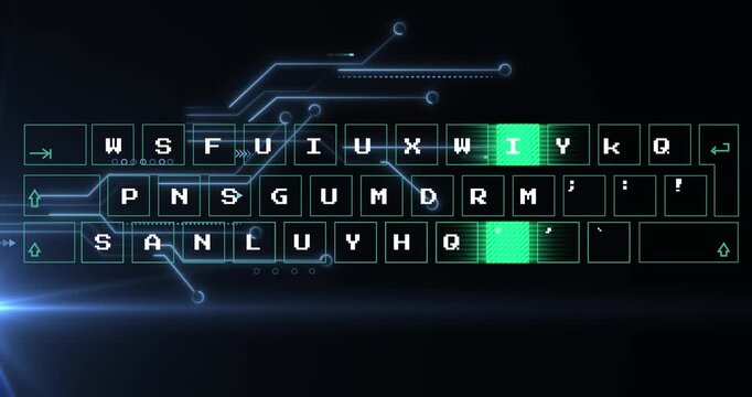 Animation of abstract pattern moving over keyboard against circuit board pattern in background