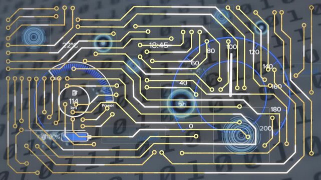 Animation of circuit board pattern over speedometers against binary codes in background