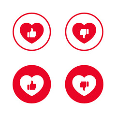 Good and bad heart health icon in red circle. Love with thumbs up and down symbol