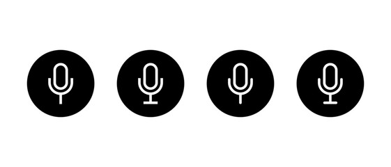 Microphone, mic outline icon set in black circle. Audio recording and voice input symbol