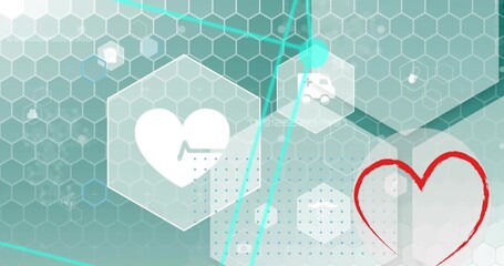 Animation of medical icons over gray background - Powered by Adobe