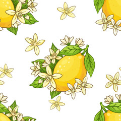 Cartoon Seamless pattern of a whole bright yellow lemon on a branch with green leaves and white citrus blossoms.