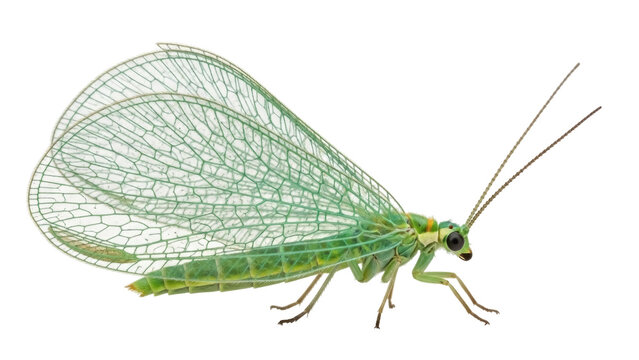 Isolated Green Lacewing insect with folded wings sitting sideways in macro close-up photo