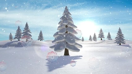 Animation of snow falling over winter scenery - Powered by Adobe