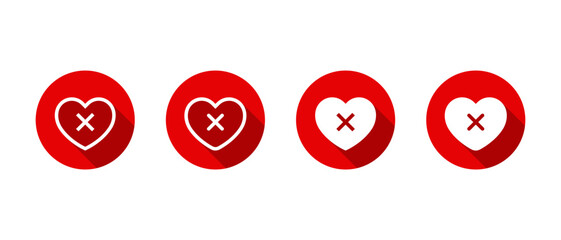 Poor health, unhealthy icon set with long shadow. Heart with cross mark symbol. Love with x sign