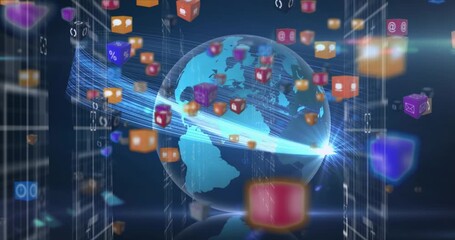 Animation of globe with network of connections with data processing and icons - Powered by Adobe