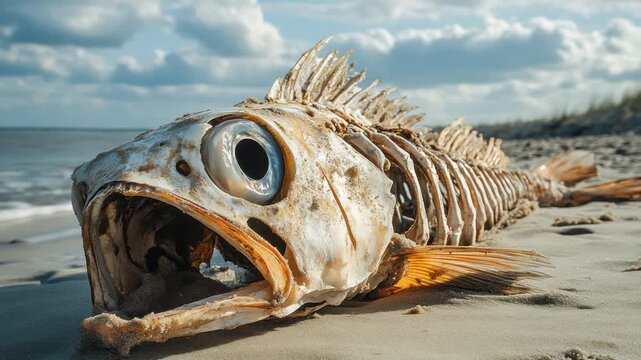 Skeleton of large fish washed ashore on beach during low tide near body of water on sunny day