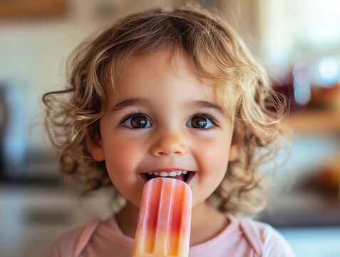 Child enjoys popsicle in kitchen with bright smile during warm afternoon