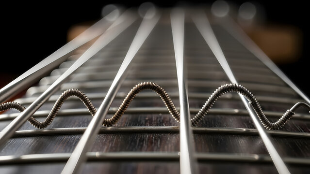 Close-up of guitar strings with metal springs on fretboard - Powered by Adobe