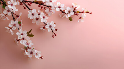 A delicate branch of cherry blossoms against a soft pink background.