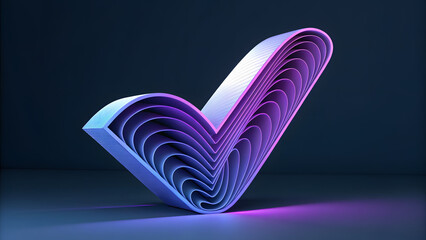 check mark symbol with layered neon purple and blue curves on dark background