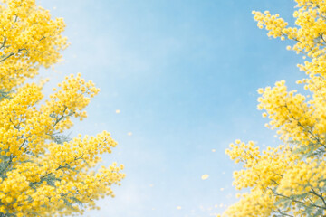 優しいミモザと青空の背景イラスト　AI生成画像　