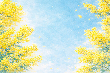 優しいミモザと青空の背景イラスト　AI生成画像　