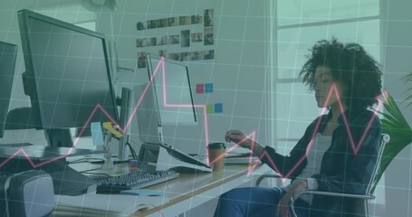 Animation of financial data processing over businesswoman working in office - Powered by Adobe