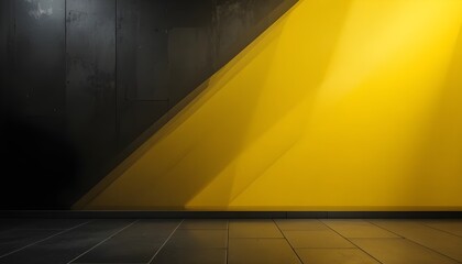 Abstract yellow and black light pattern with smooth gradients, metallic floor-wall texture, soft tech diagonal design, dark sleek modern background