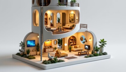 miniature smart home model with spiral tower home, integrated ai assistant core, adaptive lighting system, responsive smart walls, iot connected appliances, automated curtains