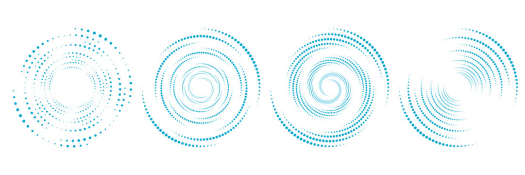 Blue abstract dotted circular and spiral pattern on white background