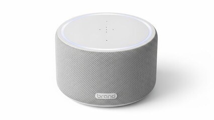 Smart speaker with white top and gray fabric body in clean studio lighting on white background for technology.