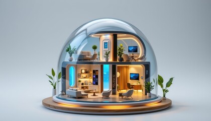 miniature smart home model with transparent glass dome, integrated ai assistant core, adaptive lighting system, responsive smart walls, iot connected appliances, automated curtains
