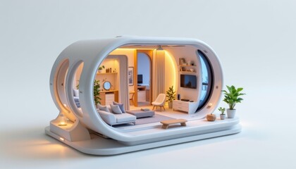 miniature smart home model with floating pod house, integrated ai assistant core, adaptive lighting system, responsive smart walls, iot connected appliances, automated curtains