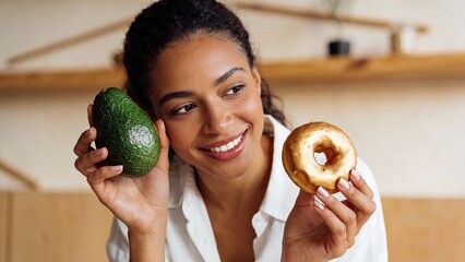 Young woman holding avocado and donut while smiling indoors  