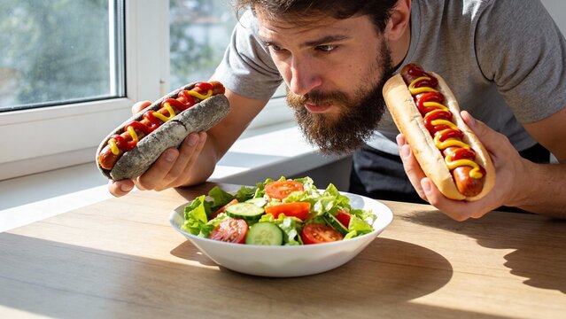 Man deciding between hot dogs and salad at a sunny kitchen table  