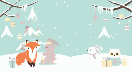 Fototapeta premium Cute cartoon animals and gifts in snowy winter landscape