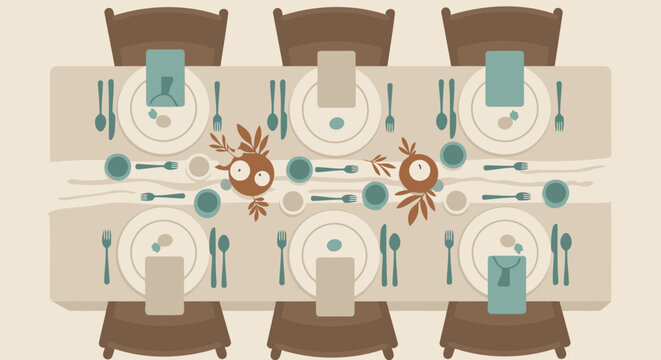 A formal dining table setting for six with autumnal decorations. Top view of place settings with chairs at a long table. Holiday meal planning with tableware and fall foliage.