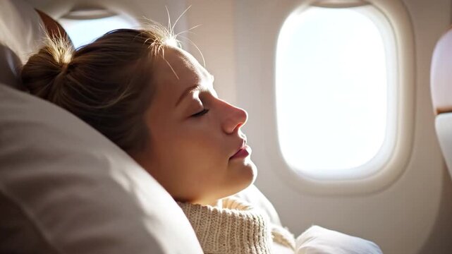Airborne Serenity: A woman experiences the ultimate in-flight relaxation, as she finds peace and tranquility during a long journey, against the backdrop of an airplane window.