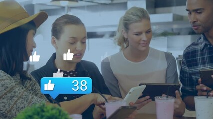 Social media and business tech merge in animated like icon and diverse office discussion. - Powered by Adobe