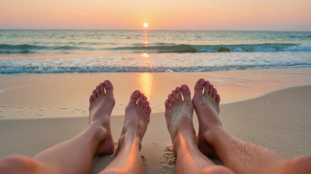 Close-up of bare feet of two people lying on the beach facing the ocean during sunset. Calm waves and warm golden light. Tranquil moment of rest and connection. Romantic and peaceful.