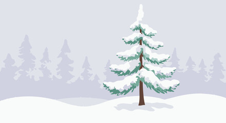 Fototapeta premium Snow-covered evergreen trees in a foggy winter forest. Isolated spruce with snow on branches in a serene woodland scene.