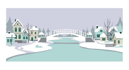 Winter village scene with snow-covered houses and a frozen river under a pale sky. An arched bridge spans the icy water, connecting quaint buildings on either side of a serene, snow-laden landscape.