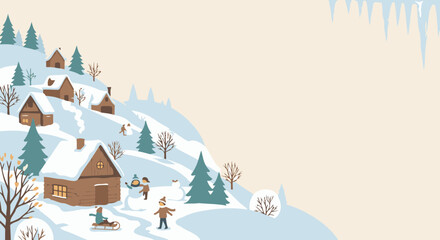 Animated children in winter clothing build snowmen and sled in a snowy village landscape.
