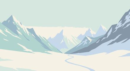 Stylized snowy mountain range with a winding river valley in winter.