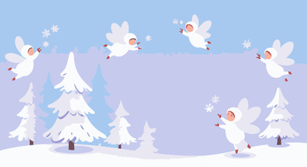Tiny winged figures in white snowsuits dance in a winter forest with falling snowflakes, a magical Christmas scene