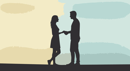 Young adult couple in casual wear holding hands, standing against a soft pastel background.