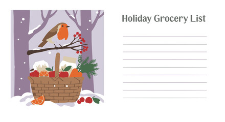 Robin bird perching on snowy branch above festive winter grocery basket with fresh produce and a shopping list on right.