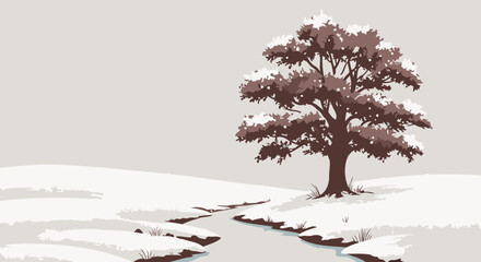 Minimalist winter tree landscape with snowy banks and a flowing stream.