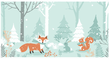 Cartoon fox, rabbit, and squirrel with scarves in a snowy forest.