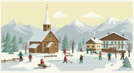 Diverse people in winter attire playing hockey and sledding in a snowy mountain village.