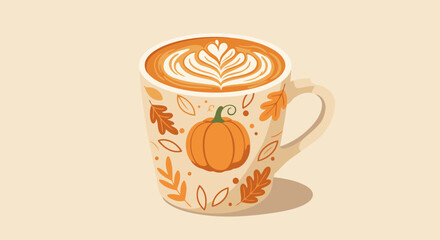 Pumpkin spice latte with autumn leaves art on mug, warm cozy drink.