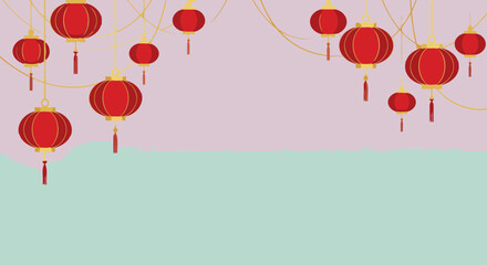Red Chinese lanterns hanging against a pastel background with a soft blue wavy border.