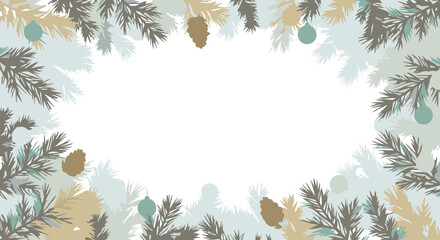 Winter pine branches and ornaments frame a white space