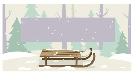 A wooden sled rests on snowy ground in a stylized winter forest with a blank sign