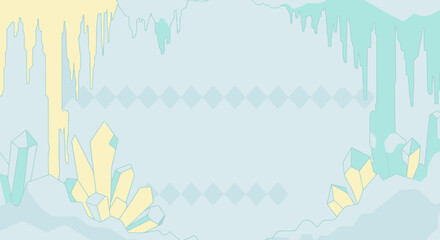 Stylized ice cave with glowing crystals and dripping stalactites on pale blue background.